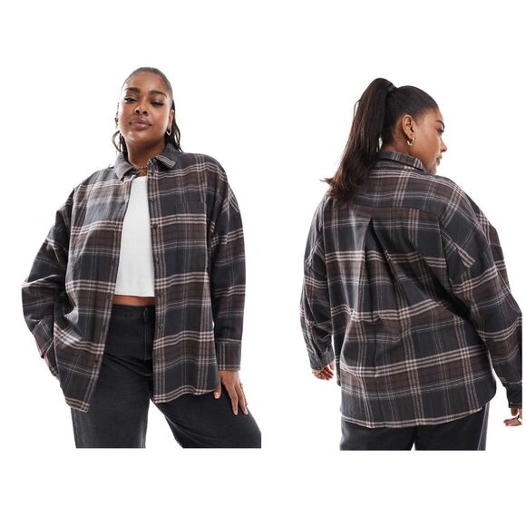 ASOS DESIGN Curve Oversized Flannel Shirt Brown Plaid NEW Size 14 Cotton Shacket - Picture 1 of 11